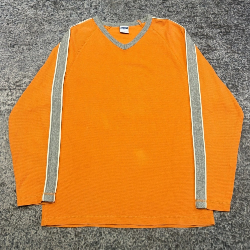 VTG Old Navy Long Sleeve Thermal Shirt Mens Large Orange Gray Striped Skater Y2K